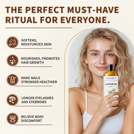 USAD Organic Castor Oil Cold Pressed Pure Natural Carrier Oil for Massage Boby Moisturizing Face, Hair, Skin & Eyelash Growth