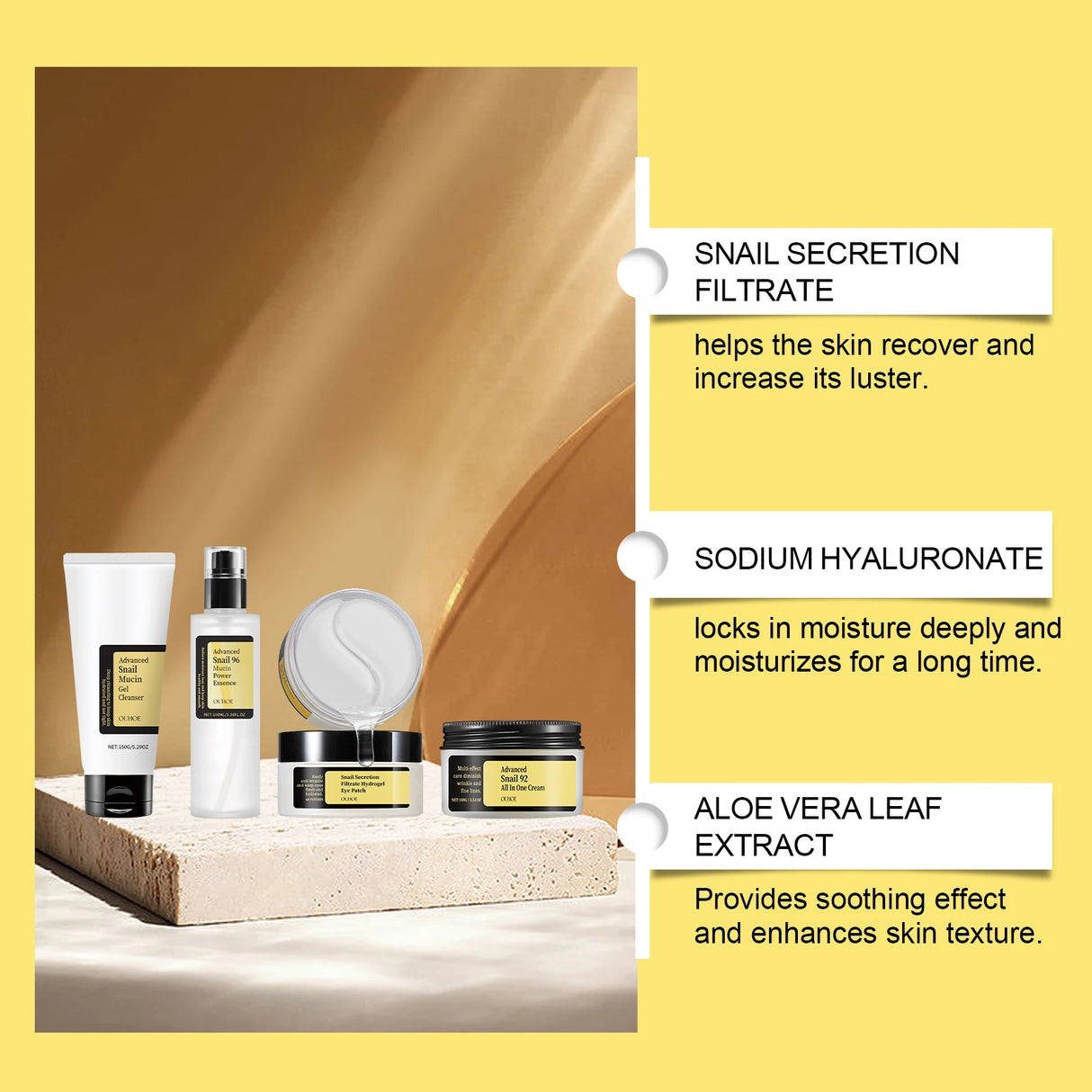 Snail Mucin Skincare Set-Complete 4-Step Glow Routine,Natural Snail Mucin Power&Hydration Barrier,Hydrogel Eye Mask Relief,Gift Packaging