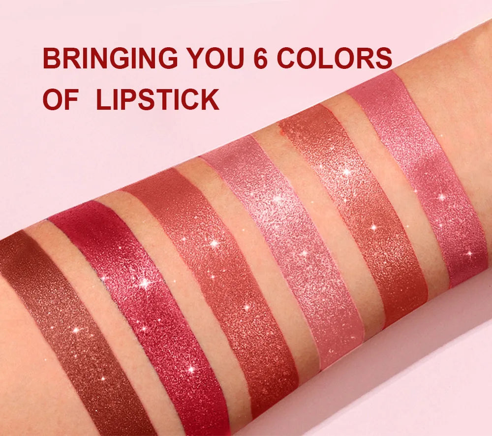 6pcs Diamond Pink Lipstick Set Chocolate Brown Metallic Glitter Long Lasting Shimmer Pearl Sparkling Lip Gloss Makeup