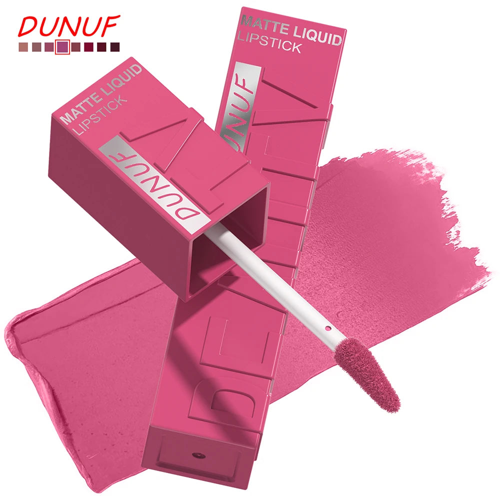 DUNUF Matte Velvet Lip Gloss, 3D Plumping & Waterproof, Square Tube Lipstick, Easy Application, 8 Shades (All-in-One)