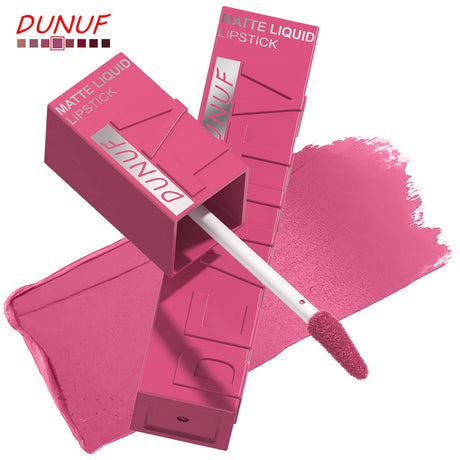 DUNUF Matte Velvet Lip Gloss, 3D Plumping & Waterproof, Square Tube Lipstick, Easy Application, 8 Shades (All-in-One)