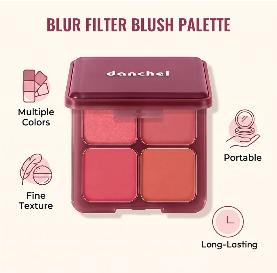 4 Shades Blush Palette Matte & Shimmer Two Textures Rich Pigment Long-wear Soft Blur Finishing Compact Blush Daily Cheek Makeup