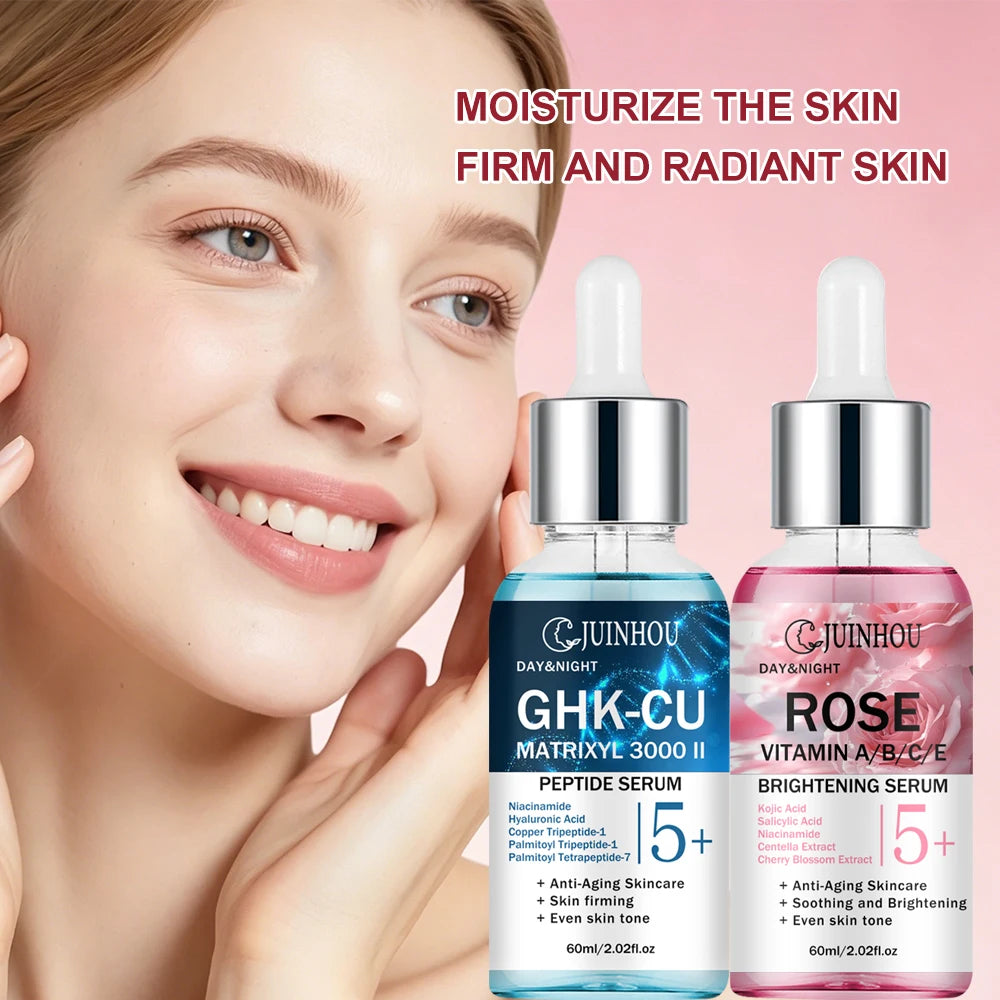 JUINHOU 2pcsCopper Peptide Rose Face Serum Set Hydrating Serum Kit For Fine Line Dry Skin Daily Face Care Brighten Skin All Skin