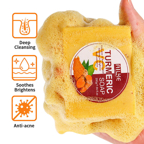 AILKE Natural Turmeric Soap Bar, Brighten, Remove Darkness, Acne, Pimples, Cleaning, Exfoliates, Uneven Skin Tone, 200g