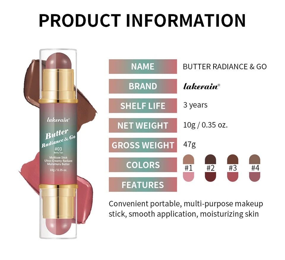 Butter Glow & Go Multiuse Stick Double-Headed Bronzer Blush Stick for Cheeks Contours Light Glossy Bronze&Pink Blusher Cosmetics
