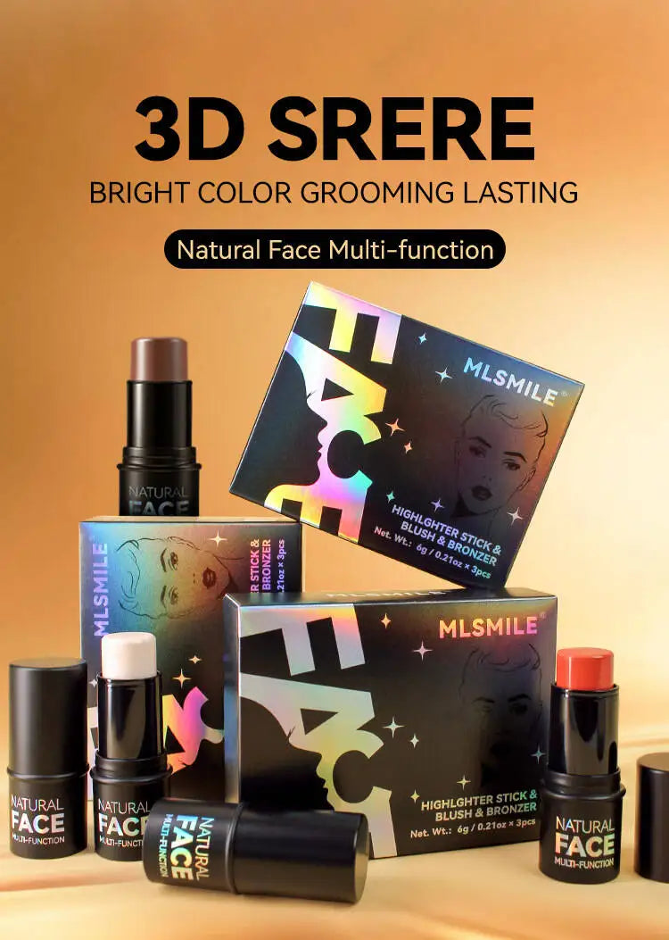 MLSMILE Highlight Contour 3-pack For 3D Makeup Brightening Skin Tone Face Blush Stick 3 Pcs Set 2025 New