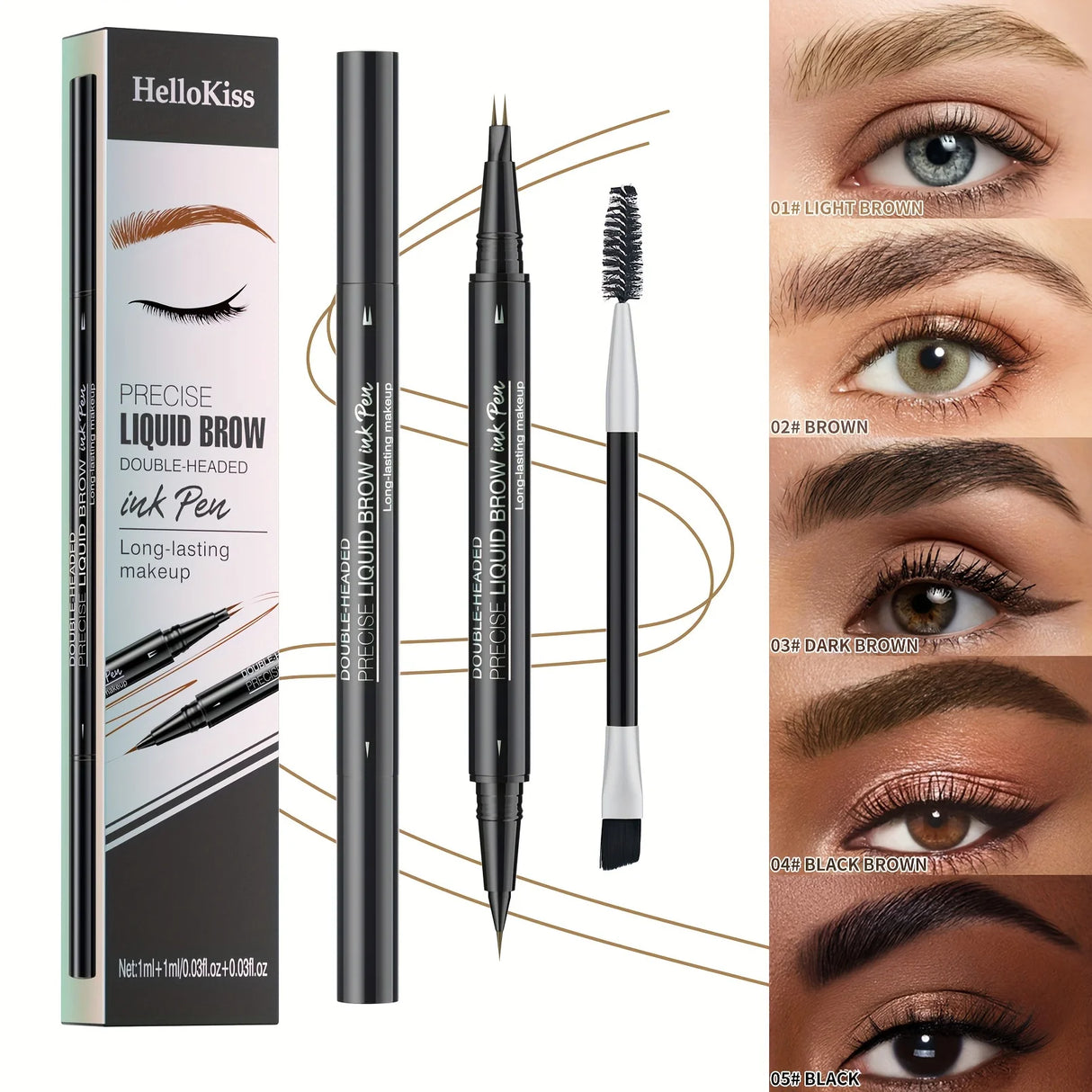 Waterproof Dual-Tip Liquid Eyebrow Pencil, Available in Light Brown, Brown, Dark Brown, Dark Black, and Black, Multi-Pack, for Natural Eyebrow Makeup, Quick-Drying, Sweat-Proof, Smudge-Proof, with Eyebrow Brush, Dual-Tip Liqu