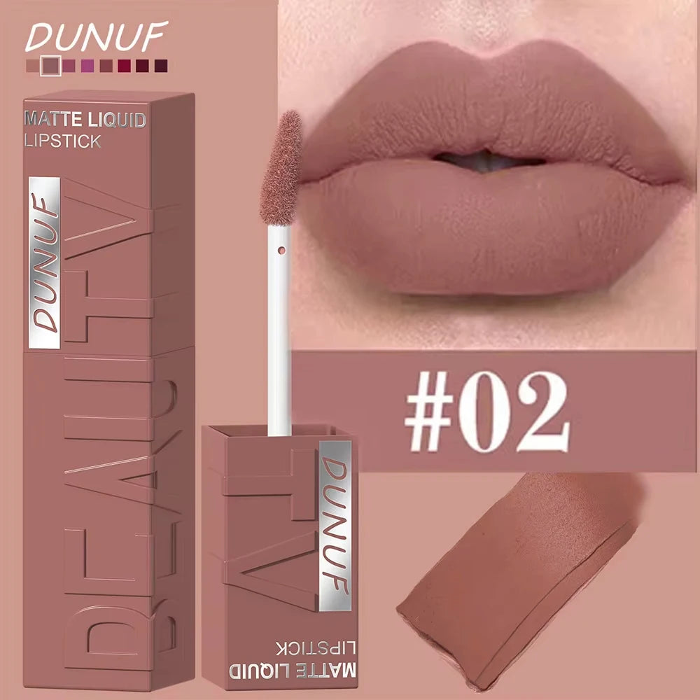 DUNUF Matte Velvet Lip Gloss, 3D Plumping & Waterproof, Square Tube Lipstick, Easy Application, 8 Shades (All-in-One)