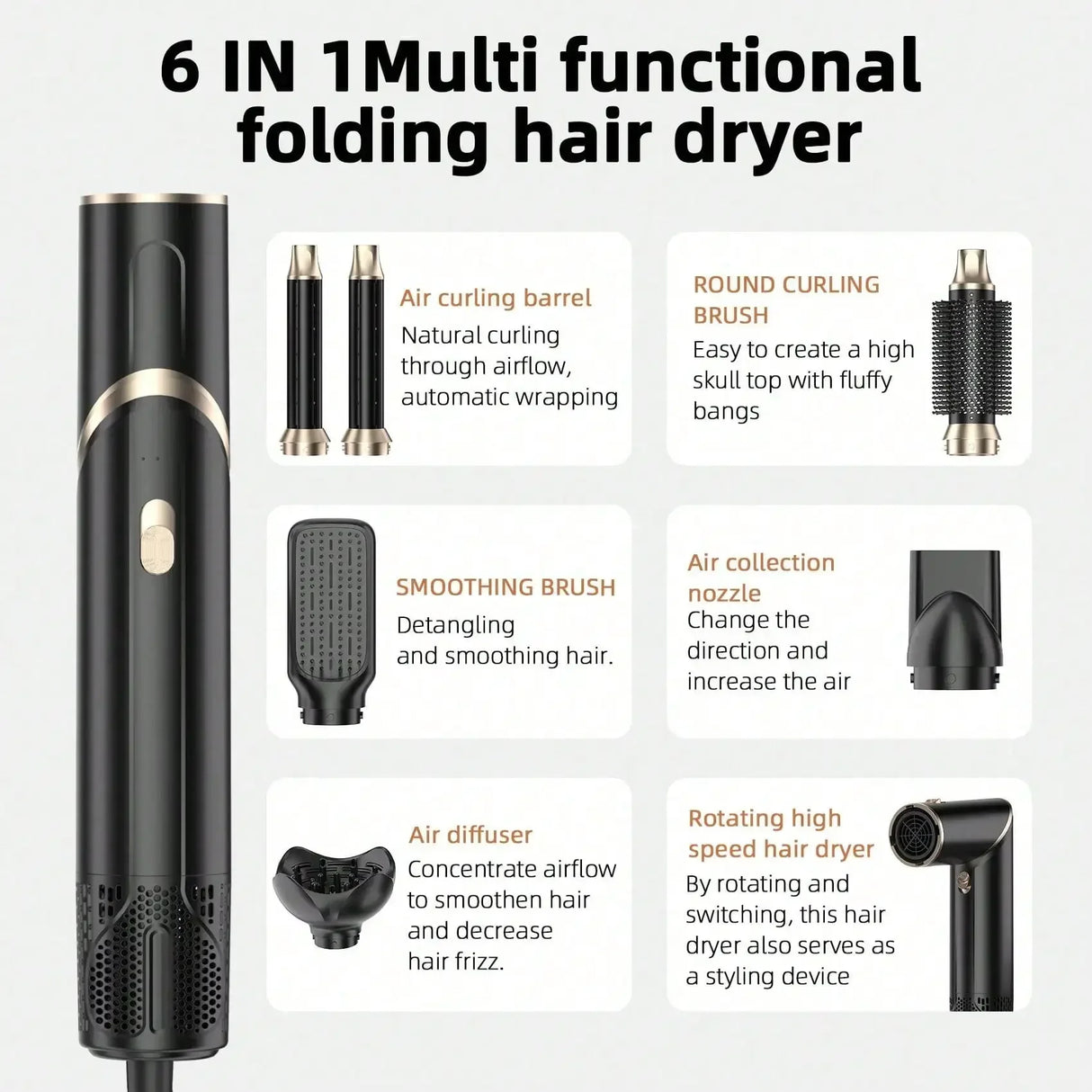 Six-In-One Hot Air Comb Foldable Curling Iron Hair Dryer Straight Roll Multi-Function Portable Hair Dryer