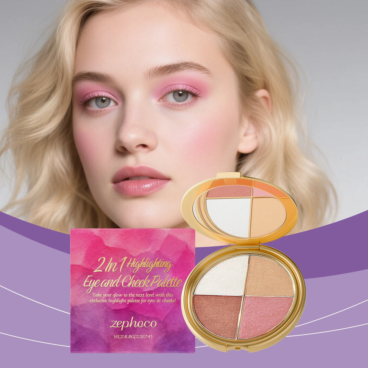 Zephoco 2-in-1 Highlighting Eye & Cheek Palette -Soft Shimmery Tones,Blendable Formula,All-in-One for Glowing Eye & Cheek Makeup