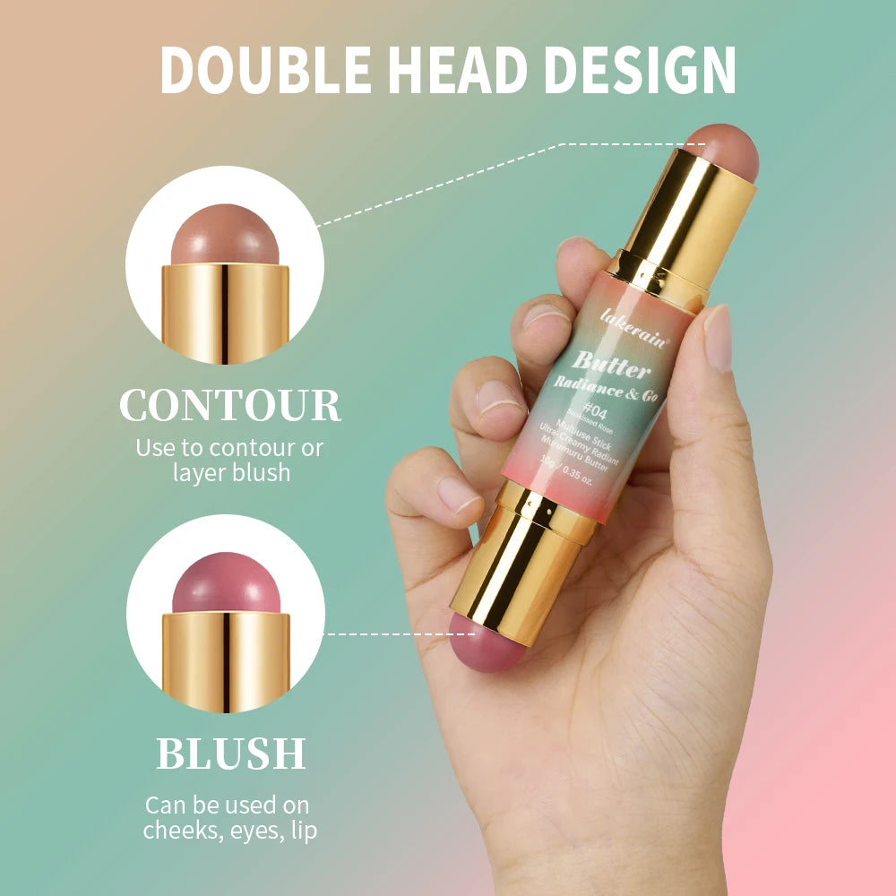 Butter Glow & Go Multiuse Stick Double-Headed Bronzer Blush Stick for Cheeks Contours Light Glossy Bronze&Pink Blusher Cosmetics