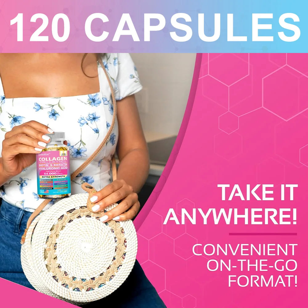 Multi Collagen Capsules - Types I, II, III, V & X Biotin Keratin Hyaluronic Acid MSM Zinc Magnesium,Hair Skin and Nails Vitamins