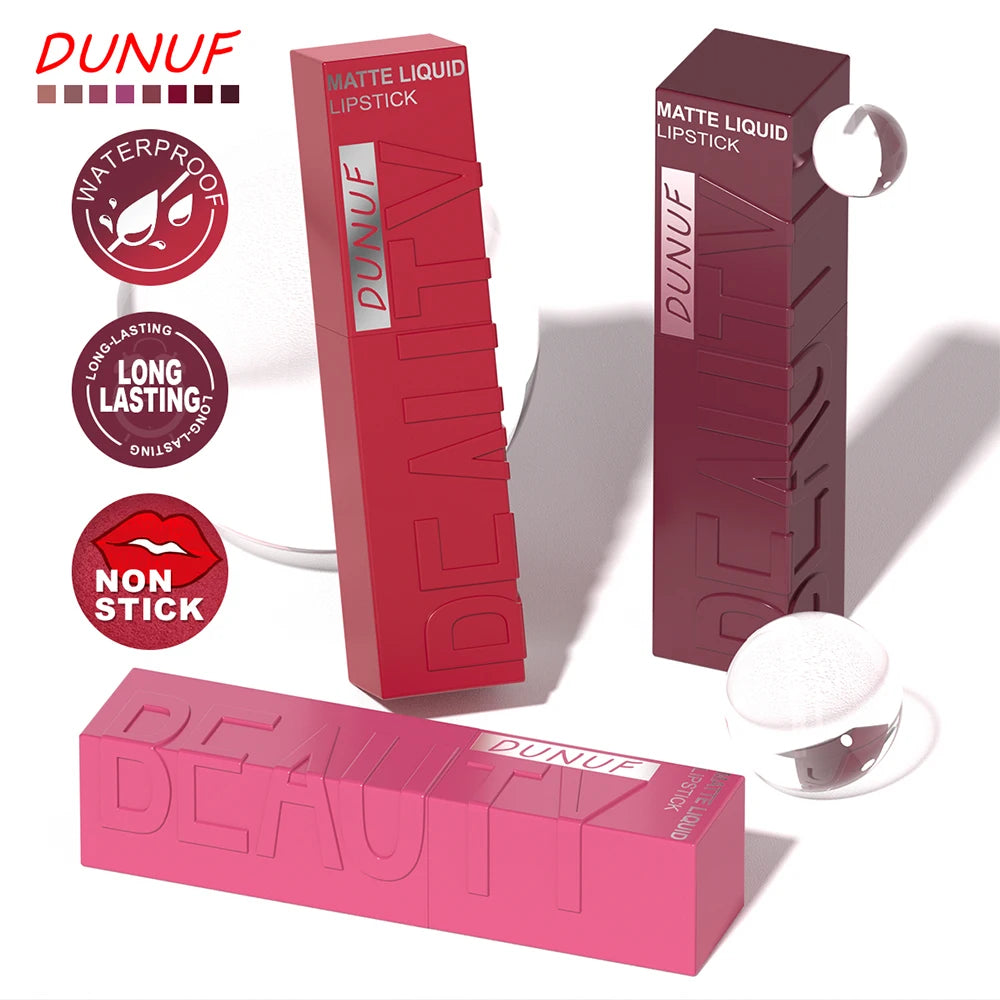 DUNUF Matte Velvet Lip Gloss, 3D Plumping & Waterproof, Square Tube Lipstick, Easy Application, 8 Shades (All-in-One)