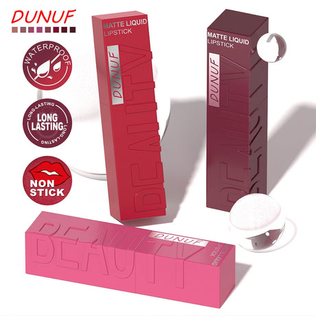 DUNUF Matte Velvet Lip Gloss, 3D Plumping & Waterproof, Square Tube Lipstick, Easy Application, 8 Shades (All-in-One)