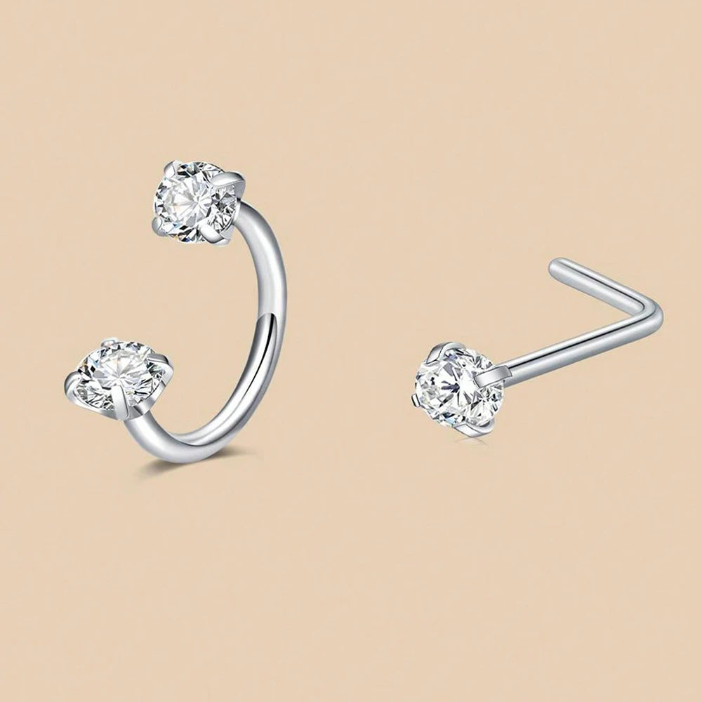 6/2pcs Horseshoe Nose Rings With L-Shape Nose Stud, Stainless Steel Rianbow CZ Nose Ring,, Lip Eyebrow Helix Ear Piercing