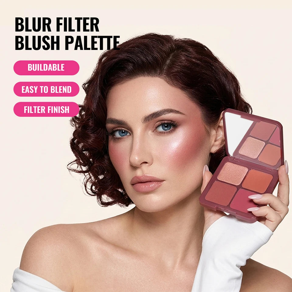 4 Shades Blush Palette Matte & Shimmer Two Textures Rich Pigment Long-wear Soft Blur Finishing Compact Blush Daily Cheek Makeup