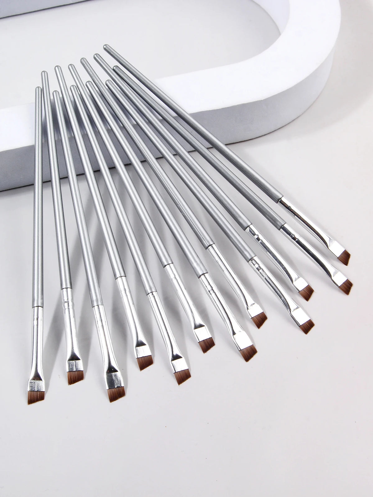 12pcs Silvery Super Thin Blade Eyeliner Brush & Soft Makeup Brush Set, Portable Eyebrow Brush & Multipurpose Cosmetic Tool