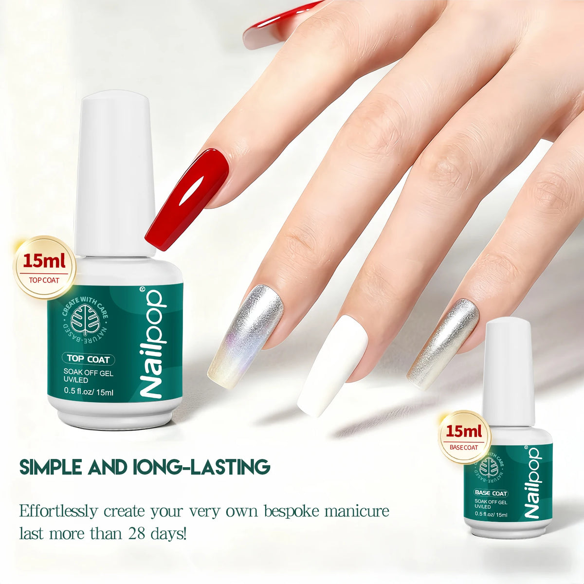 Nailpop HEMA/TPO Free Top Base Coat Gel Polish 15ml Clear Soak Off UV/LED Cured Professional Art Salon Home Use Long Lasting 1Pc