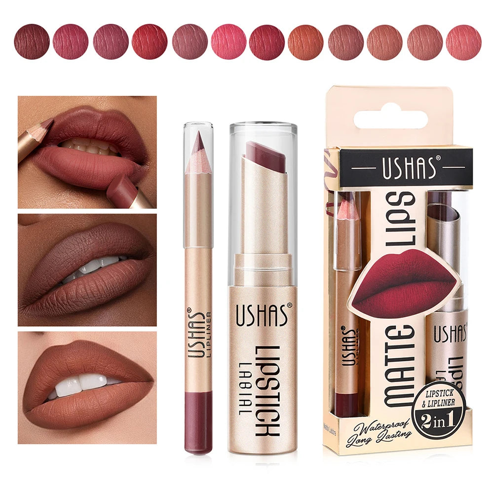 2-in-1 Lip Makeup Set, Matte Lipstick & Lip Liner Pencil, Nude Brown, Waterproof Long Lasting Tinted Lip Balm Contour Kit