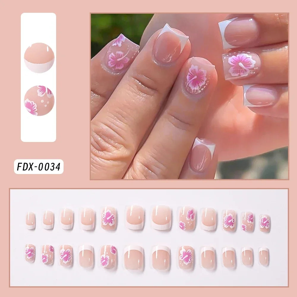 24Pcs Short Square Pink Floral French Press On Nails Clear Base Hand Drawn Flower Reusable With Adhesive Glue For Women Daily Party DIY Spring Summer Manicure Supply