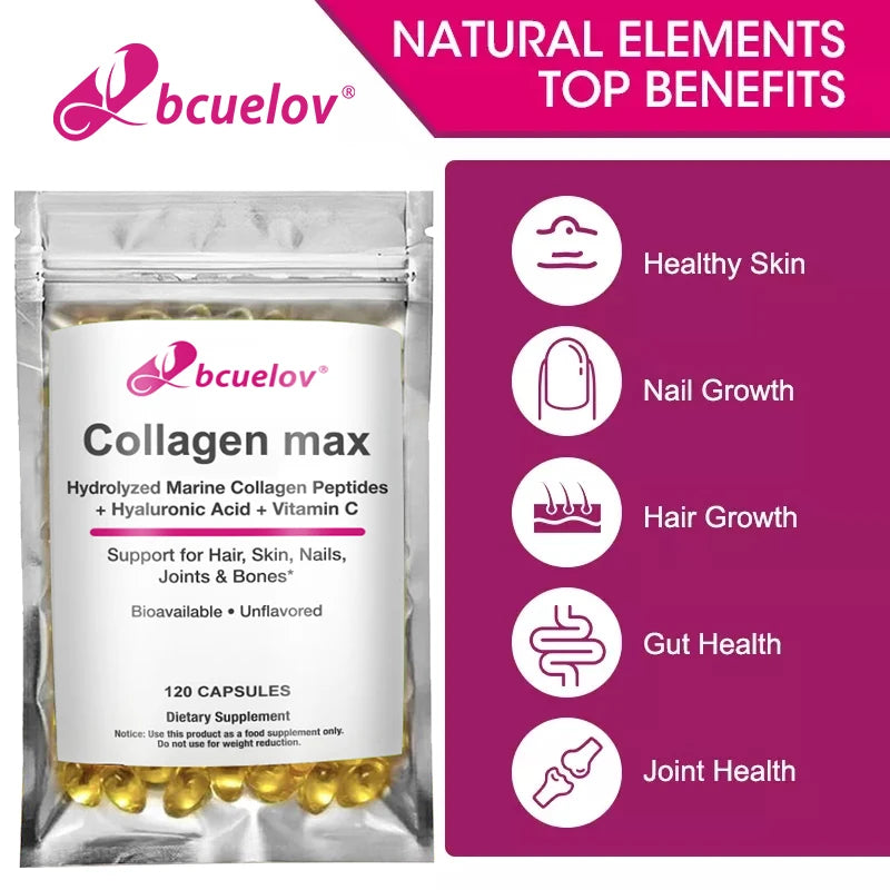 Bcuelov Collagen Max Hydrolyzed Marine Collagen Peptides Hyaluronic Acid + Vitamin C Supports Hair, Skin, Nails, Joints & Bones