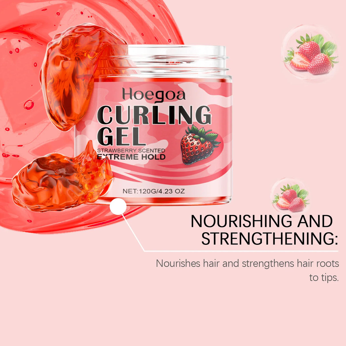 Strawberry Curl Defining Gel Strong Hold Styling Product For Curly Wavy Hair Long Lasting Volumizing Nourishing Wash Free