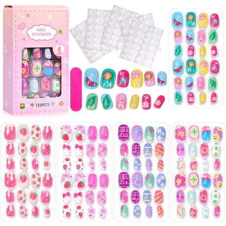 120Pcs Children's Press on Nails Kids Cartoon Acrylic Fake Nails Tips Kawaii Girl Full Cover Short False Nails With Jelly Glue#@