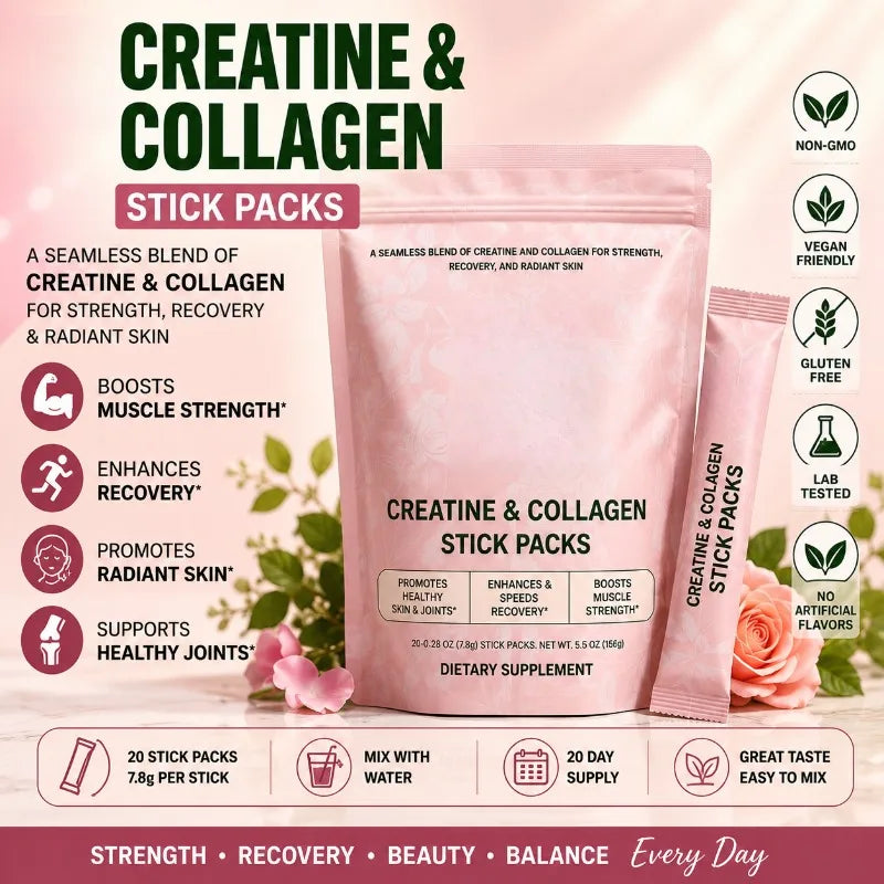 Creatine & Collagen Powder Stick Packs Supports Strength Recovery & Skin Health – Daily Nutrition Supplement 20Servings Per Bag