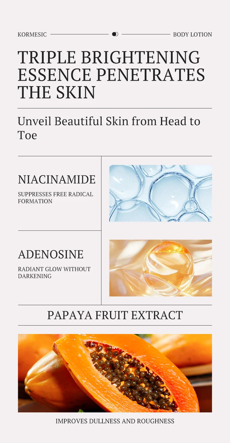 500ML KORMESIC Papaya Body Lotion Cream Moisturising Exfoliating Leg Arm Nourishing Anti Smooth Skin Care