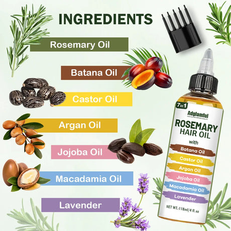 Adglamful 7-in-1 Rosemary Hair Oil 118ml – No-Rinse Hair Oil+Comb Set, Instantly Smooths Frizz, Repairs Damage