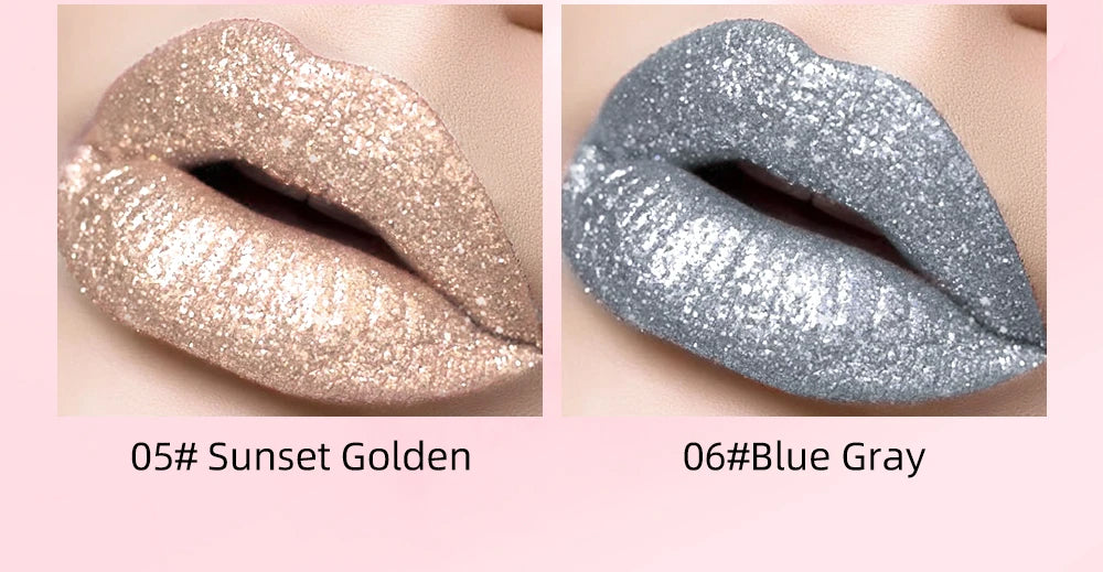 QIBEST Metallic Glitter Liquid Lipstick Makeup Waterproof Lip Gloss Long-lasting Shimmer Metal Diamond Lip Glaze Tint Charming