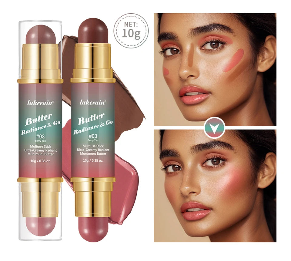 Butter Glow & Go Multiuse Stick Double-Headed Bronzer Blush Stick for Cheeks Contours Light Glossy Bronze&Pink Blusher Cosmetics