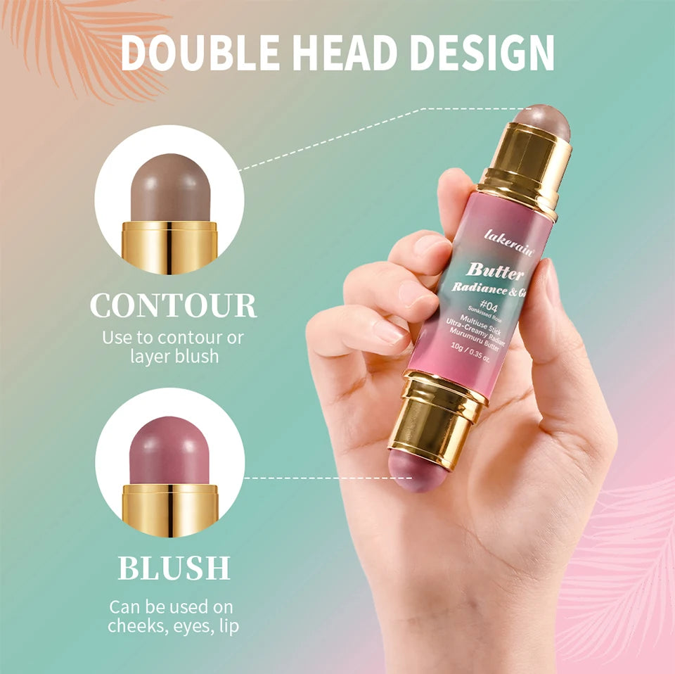 Butter Glow & Go Multiuse Stick Double-Headed Bronzer Blush Stick for Cheeks Contours Light Glossy Bronze&Pink Blusher Cosmetics