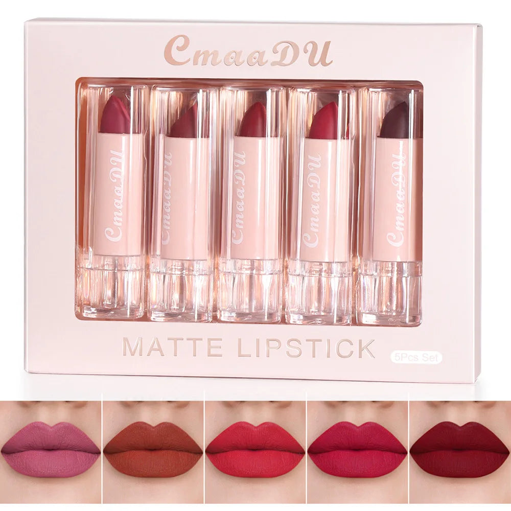 Velvet Matte Lipstick Set 5pcs Long Lasting Waterproof Red Nude Lipsticks Non Stick Cup Makeup Cosmetics Collection