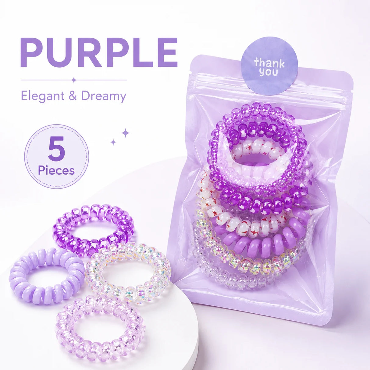 1 Pack 5 Pcs Pink Spiral Hair Ties for Women and Girls, Coil Ponytail Holders in Gift Pouch, Soft Stretch Hair Accessories for Daily Wear
