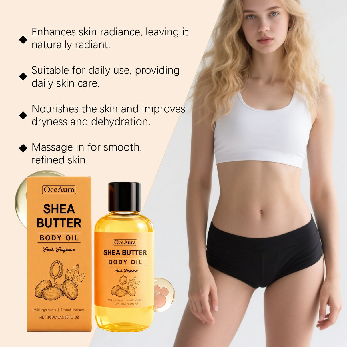 100% Natural Shea Butter Massage Oil Intense Moisture for Dry Skin Lightweight & Fast Absorbing All Skin Types Stretch Mark Care