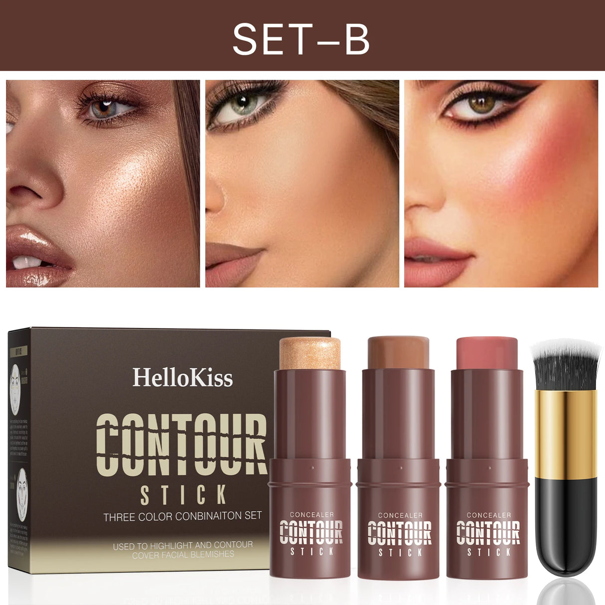 4-Piece Contour Stick Set with Highlighter, Blush & Bronzer Plus Golden Powder Brush - Waterproof Cream for All Tones, Shimmery.
