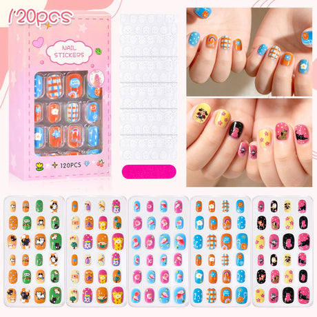 120Pcs Children's Press on Nails Kids Cartoon Acrylic Fake Nails Tips Kawaii Girl Full Cover Short False Nails With Jelly Glue#@