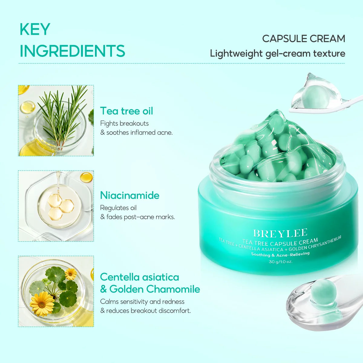 BREYLEE Tea Tree Essence Face Cream Acne Patch 4-Piece Set, Balances Oil And Water, Treats Acne