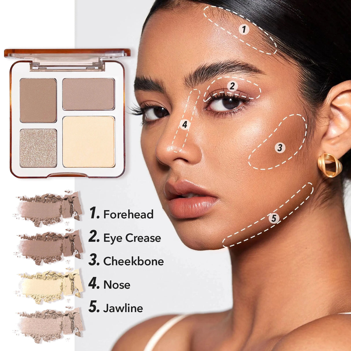 The four-color highlighter contour palette is matte and long-lasting, brightening three-dimensional contours