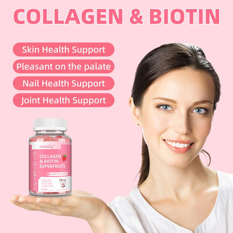 Collagen Gummies with Biotin for Hair Growth,Brightening Skin,Nails,Bones,and Joints-Suitable for Unisex,60 Gummies