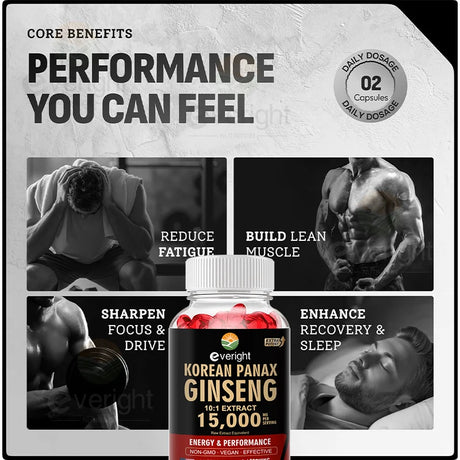 Korean Red Ginseng Capsules- 1500mg Natural High Strength for Men Vitality, Energy, Performance, Focus, Immune Health