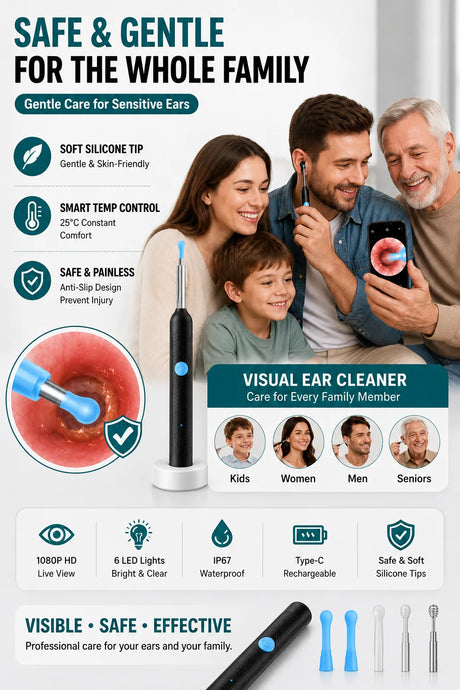 Visual Ear Wax Remover 1080P HD Camera USB-C Rechargeable Ear Cleaner IP67 Waterproof Otoscope with 6 LED Lights for Adults Kids
