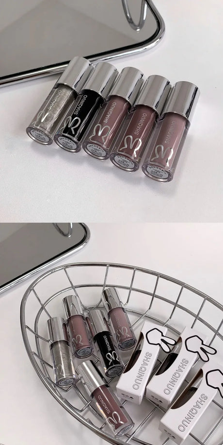 SHAQINUO Water Light Mirror Lip Gloss Lasting Moisturizing Cool Black Silver Gray Pearlescent Fine Sparkling Lipstick Lip Oil