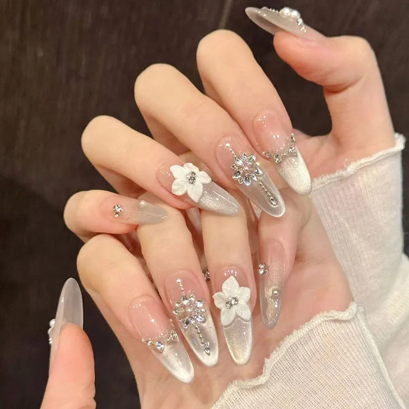 24pcs Cat's Eye Round Head Fake Nail with Mid-length Almond Deisgn Flower Pearl Stick on Nails Full Cover Detachable False Nail