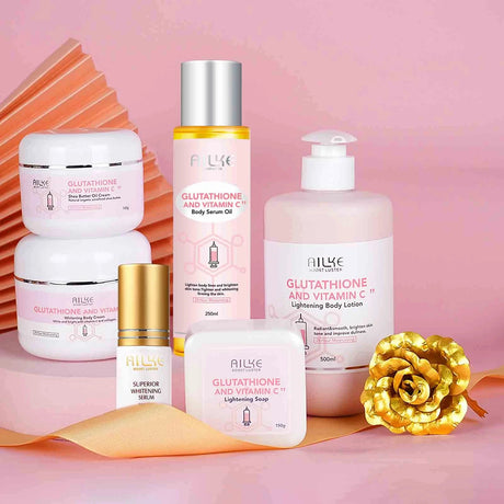 AILKE Glutathione & Vitamin C Kit, With Whitening Lotion, Moisturizing Cream, Lightening Soap, Spa Oil, Glowing Body Cream