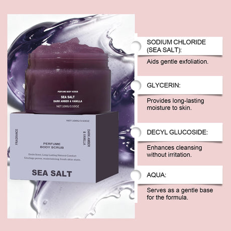 Perfume Body Scrub Hydrating Smoothing Skin Natural Exfoliating Salt Rose Coral Amber Vanilla Scent Moisturizing Cleansing Skin
