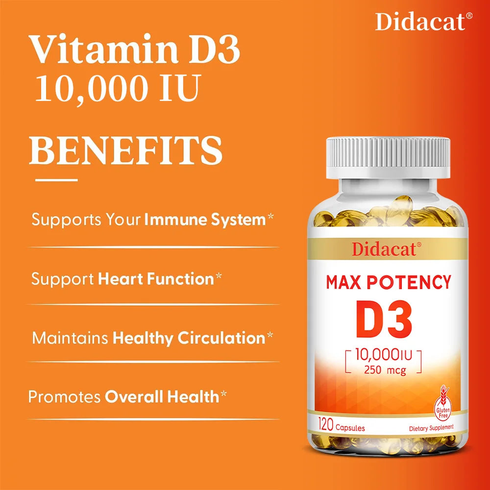 Vitamin D3 10,000 IU (250 mcg), Supports Immune Health, Calcium Absorption Muscle Function & Bone Strength, Dietary Supplement
