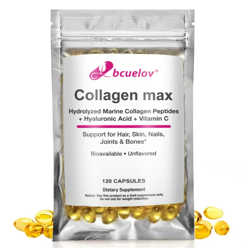 Bcuelov Collagen Max Hydrolyzed Marine Collagen Peptides Hyaluronic Acid + Vitamin C Supports Hair, Skin, Nails, Joints & Bones