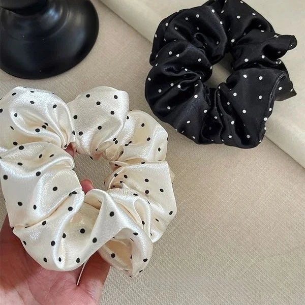 French Style Satin Hair Scrunchie Simple Black White Wave Point Designs Large Intestine Hair Loop Retro Gentle Elastic Hair Ties
